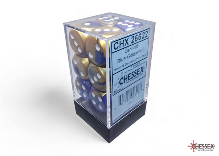 Gemini Blue-Gold/white 16mm d6 Dice Block (12 dice) - CHX26622